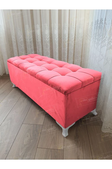 Çizgi Kapitoneli Sandıklı Puf  110 cm Beyaz Ayak - 1