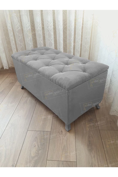 Lüks Sandıklı Kapitoneli Ayakucu Puf Bench 90 cm Gümüş Ayak ürün görseli 1