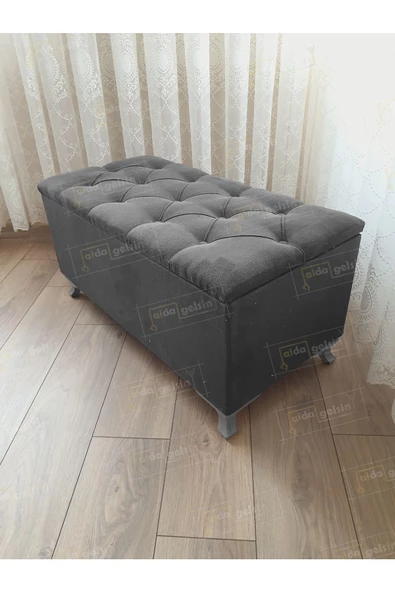 Lüks Sandıklı Kapitoneli Ayakucu Puf Bench 90 cm Gümüş Ayak ürün görseli