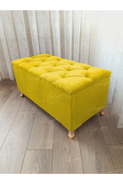 Lüks Sandıklı Kapitoneli Ayakucu Puf Bench 110 cm Gold Ayak