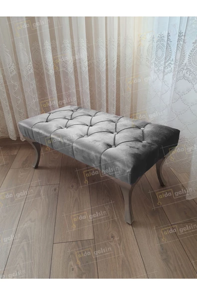 Kapitoneli Ayak Ucu Kapı Önü Antre Bench Puf Gümüş Ayak (110*45) ürün görseli