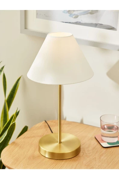 burenze Modern Pilli Abajur Masa Lambası Kablosuz Aç Kapa Butonlu Gold Sarı Krem Şapka - 1