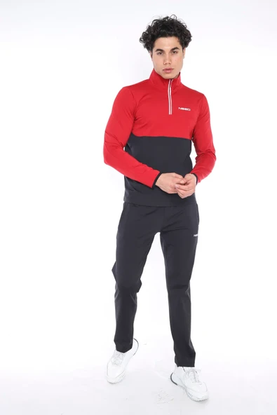 Erkek Siyah-kırmızı Dalgıç Kumaş Yarım Fermuarlı Slim Fit Eşofman Takımı