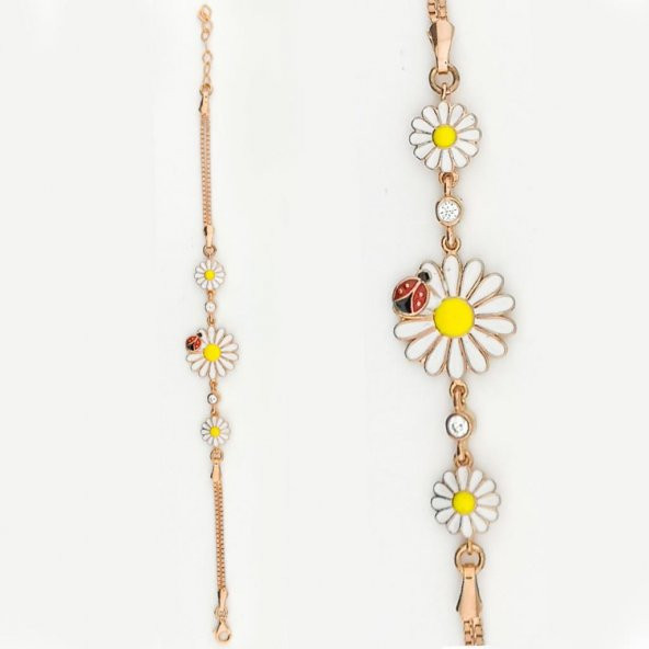 Papatya ve Uğur Böceği Tasarımlı Gümüş Bileklik ROSE - 2