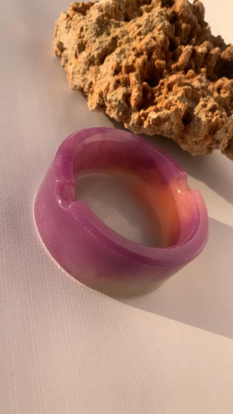 Sedefli Mor Beyaz Ve Turuncu Gökkuşağı Renkleri Yuvarlak Şekil Küllük El Yapımı Epoksi Hediyelik - 7