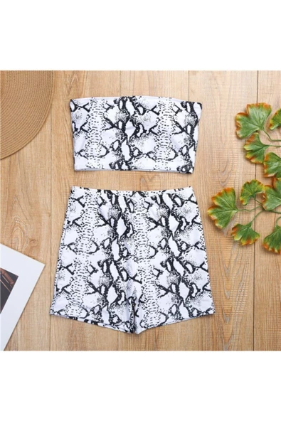 Kadın Omuz Bikini Set Yüksek Bel Bikini 2023 Seri Mayo Şort Kadın Small Beyaz Piton Desen - 2