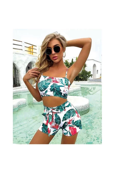 Kadın Omuz Bikini Set Yüksek Bel Bikini 2023 Seri Mayo Şort Kadın Medium Beyaz Çiçekli