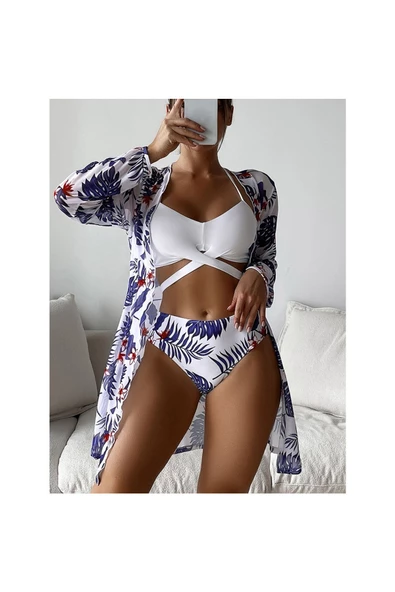 2023 Seri Şık Havuz Başı Plaj Seti Deniz 3 Lü Set Medium Çiçekli Bikini Set 3 Parça