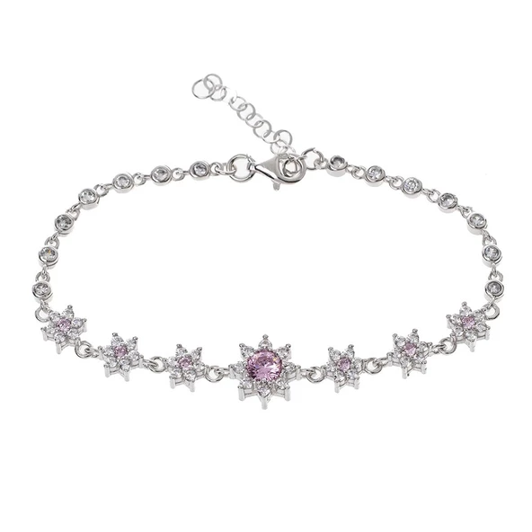 Pembe Zirkon Taşlı Çiçek Model 925 Ayar Gümüş Kadın Bileklik