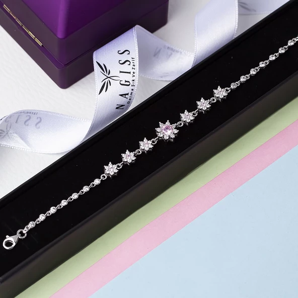 Pembe Zirkon Taşlı Çiçek Model 925 Ayar Gümüş Kadın Bileklik - 3
