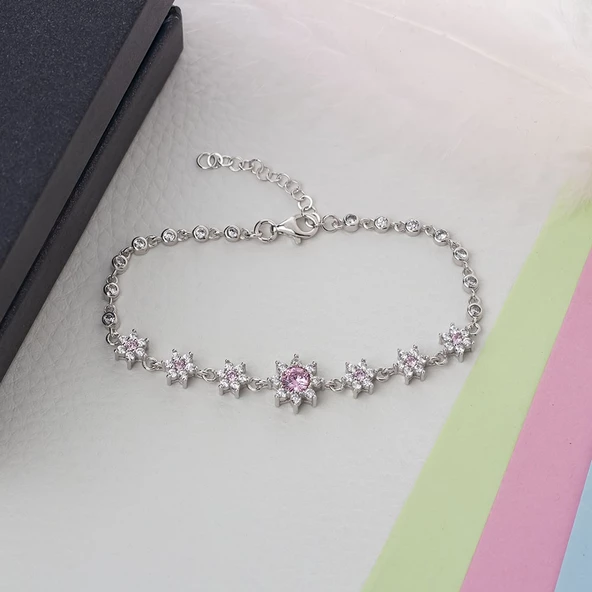 Pembe Zirkon Taşlı Çiçek Model 925 Ayar Gümüş Kadın Bileklik - 2