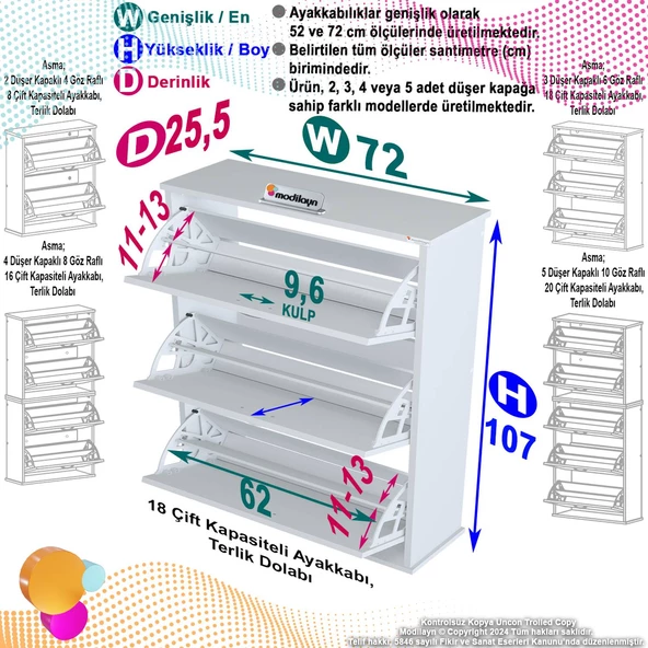 Modilayn VARBİ Asma Antre Hol 72 x 115 x 25, 5 cm’ lik 3 Düşer Kapak 6 Raf Bölmeli Ayakkabılık - 5