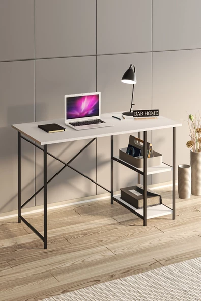 BAB HOME Metal Ayaklı Beyaz Çalışma Masası Raflı Ofis Masası Ders Çalışma Masası - Resim 2