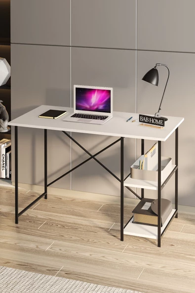 BAB HOME Metal Ayaklı Beyaz Çalışma Masası Raflı Ofis Masası Ders Çalışma Masası - Resim 3