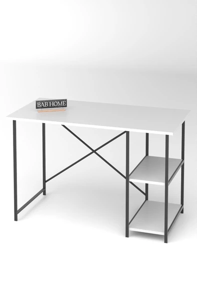 BAB HOME Metal Ayaklı Beyaz Çalışma Masası Raflı Ofis Masası Ders Çalışma Masası - Resim 5