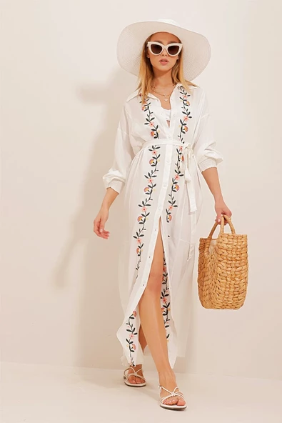 Kadın Beyaz Nakışlı Gömlek Elbise ALC-X10543