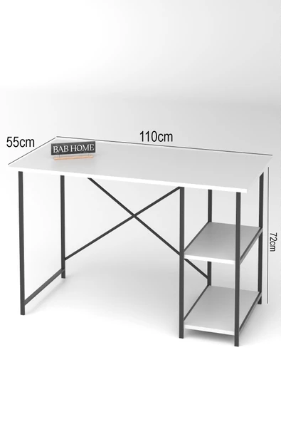BAB HOME Metal Ayaklı Beyaz Çalışma Masası Raflı Ofis Masası Ders Çalışma Masası - Resim 6