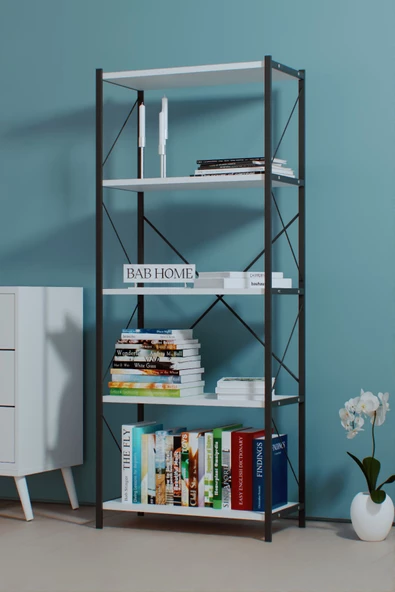 BAB HOME BAB HOME Dekoratif 5 Raflı Metal Kitaplık Dosya Kitap Rafı Ofis Salon Raf beyaz - 4