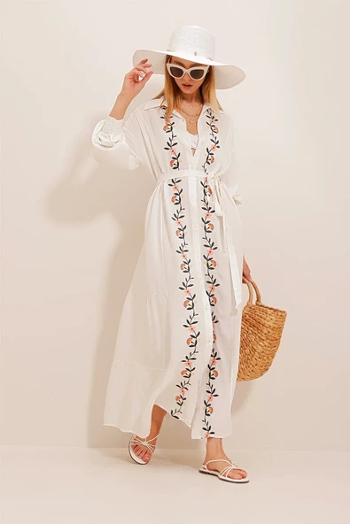 Kadın Beyaz Nakışlı Gömlek Elbise ALC-X10543 - 2