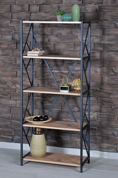 Mavera Home Kitaplık 5 Raflı Atlantik Çam Metal Kütüphane