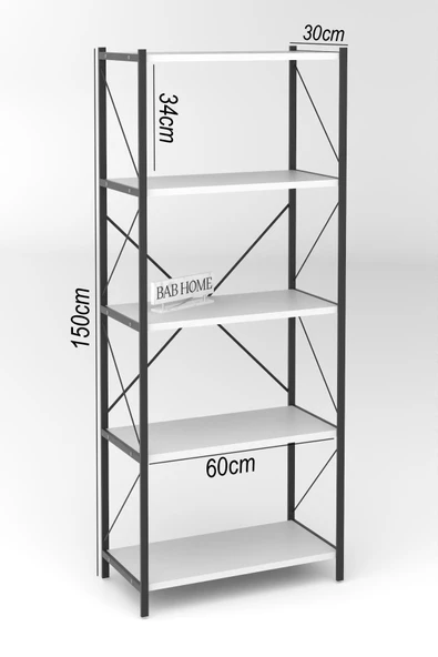 BAB HOME BAB HOME Dekoratif 5 Raflı Metal Kitaplık Dosya Kitap Rafı Ofis Salon Raf beyaz - 6