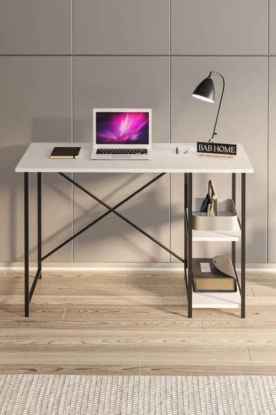 BAB HOME Metal Ayaklı Beyaz Çalışma Masası Raflı Ofis Masası Ders Çalışma Masası - Resim 4