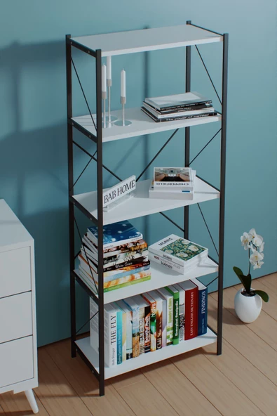 BAB HOME BAB HOME Dekoratif 5 Raflı Metal Kitaplık Dosya Kitap Rafı Ofis Salon Raf beyaz - 2