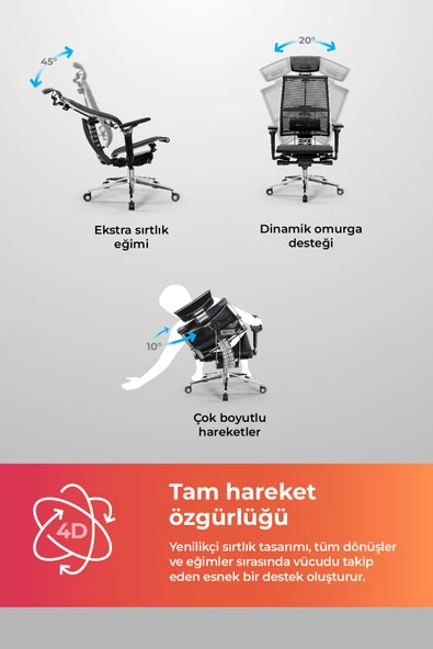 Metta Yoga 4DF Ergonomik Fileli Ofis Sandalyesi / Yönetici Koltuğu - AB.F.15.13A - Resim 7