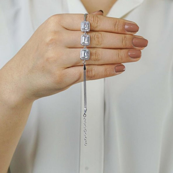 Özel Pırlanta Tasarımlı 925 Ayar Gümüş Baget Bileklik - Resim 2