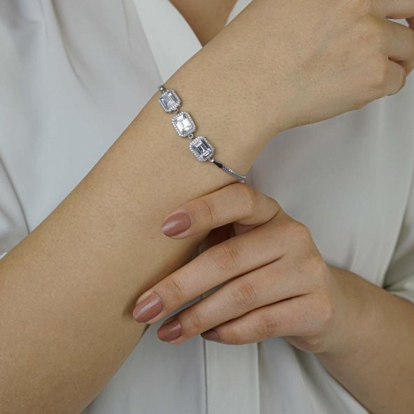 Özel Pırlanta Tasarımlı 925 Ayar Gümüş Baget Bileklik - Resim 3