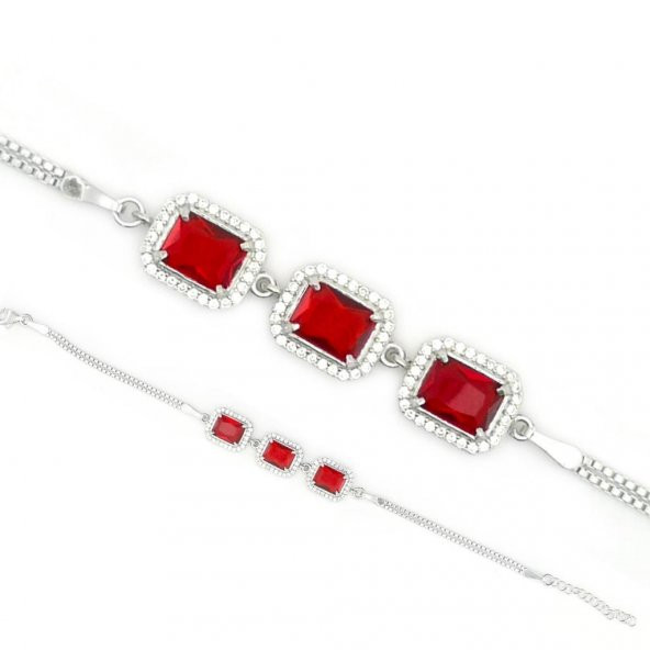 Pırlanta Tasarımlı Kırmızı Baget Taşlı 925 Ayar Gümüş Bileklik ürün görseli