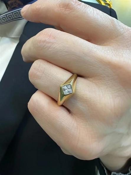 Üst Kalite Tarz Şövalye Baget Tek Zirkon Taş 14 Ayar Altın Yüzük - Resim 2