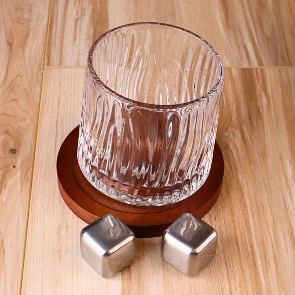 Bambu Bardak Altlıklı 360 Dönen Viski Bardağı ve Çelik Buz Küpleri Seti