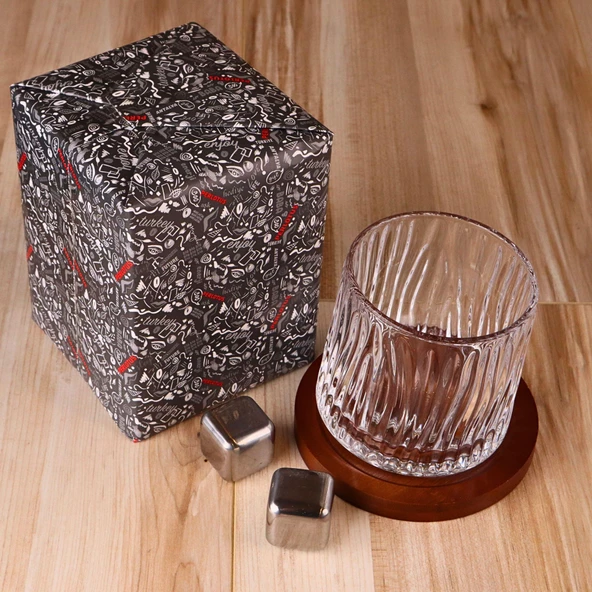 Bambu Bardak Altlıklı 360 Dönen Viski Bardağı ve Çelik Buz Küpleri Seti - 7