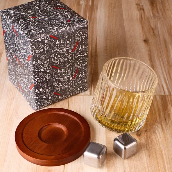 Bambu Bardak Altlıklı 360 Dönen Viski Bardağı ve Çelik Buz Küpleri Seti - 5