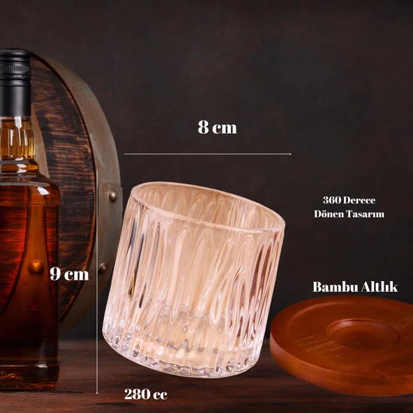 Bambu Bardak Altlıklı 360 Dönen Viski Bardağı ve Çelik Buz Küpleri Seti - 4