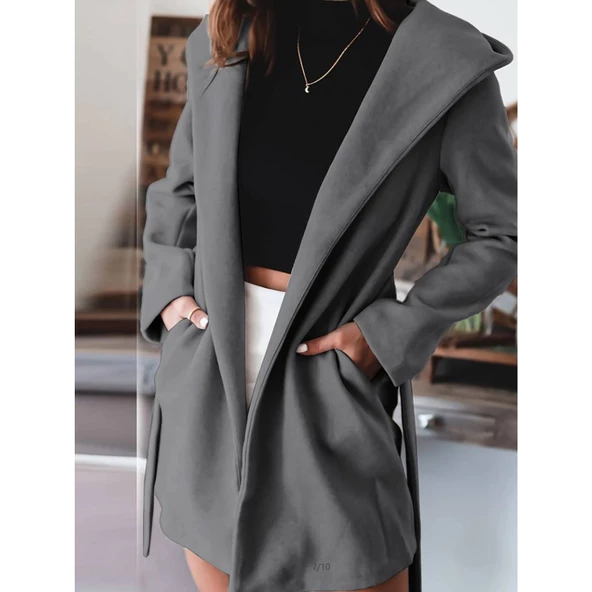 Lucky Life Kadın Uzun Kollu Belden Kuşaklı Kapşonlu Kısa Kaşe Kaban - 3