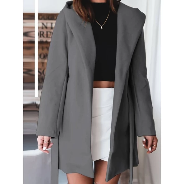 Lucky Life Kadın Uzun Kollu Belden Kuşaklı Kapşonlu Kısa Kaşe Kaban - 2