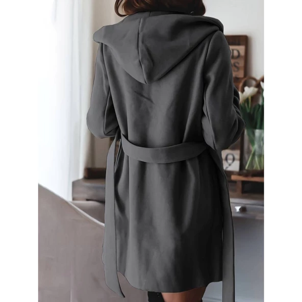 Lucky Life Kadın Uzun Kollu Belden Kuşaklı Kapşonlu Kısa Kaşe Kaban - 4