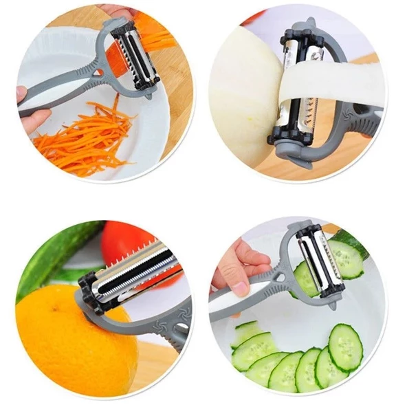3 Fonksiyonlu Rende Soyacak - Tırtıklı -Dalgalı- Chips Kesici Döner Başlıklı Turbo Soyacak - 3