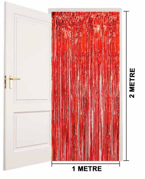 Kırmızı Renk Ekstra Metalize Parlak Saçaklı Arka Fon Perde İthal A Kalite 1x2 Metre - 3