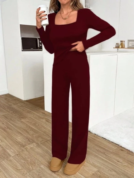 Kadın Uzun Kollu Kare Yaka Bluz Ve Ispanyol Paça Pantolon Ikili Takım ürün görseli