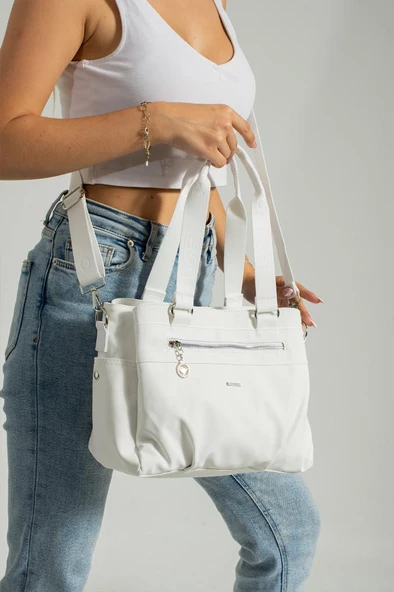Kadın Omuz Çantası Vegan Deri 35*25 Cm Çapraz Askılı Postacı Çanta Saten Kumaş Mega Çanta Kol Çantası - 5