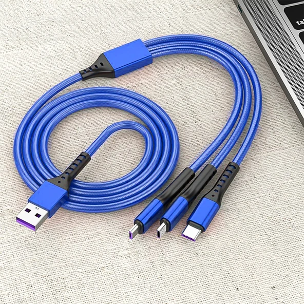 POWERMASTER PM-26334 3IN1 MAVİ 1.2 METRE (MICRO USB - LIGHTNING - TYPE C) TELEFON ŞARJ KABLOSU - 3