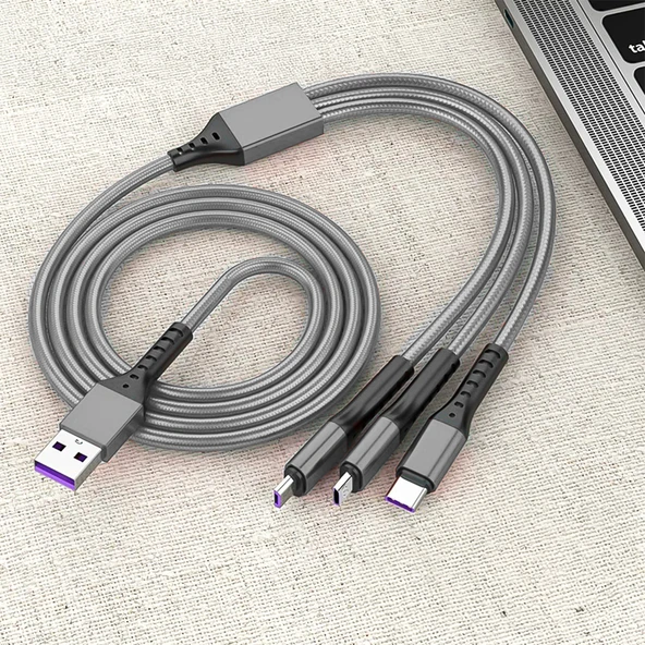 POWERMASTER PM-26335 3IN1 GÜMÜŞ 1.2 METRE (MICRO USB - LIGHTNING - TYPE C) TELEFON ŞARJ KABLOSU - 3