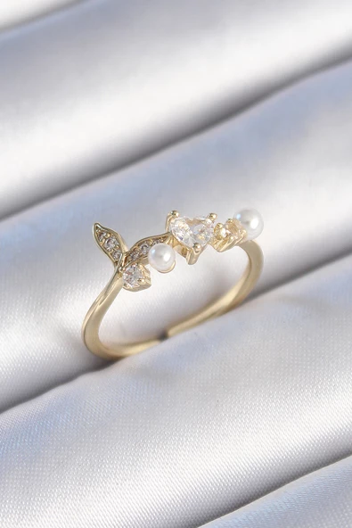 Pirinç Gold Renk Zirkon Taşlı Kalp Yaprak Model İnci Detay Kadın Yüzük - TJ-BYK3430 - 1
