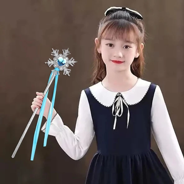 Kar Taneli Mavi Kalp Taşlı Saten Kurdeleli Karlar Ülkesi Elsa Asası Sopası 34 Cm - 3