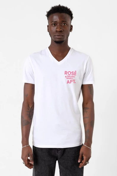 BLACKPINK ROSE BRUNO MARS APT Beyaz Erkek V yaka Tshirt