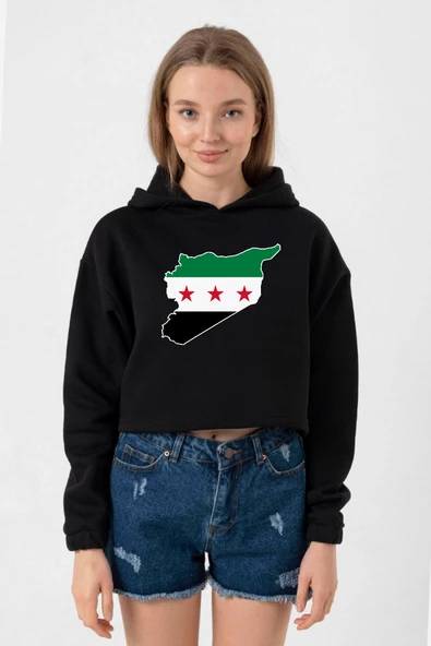 Suriye Yeni Bayrak Siyah Kadın Crop Kapşonlu ürün görseli 1