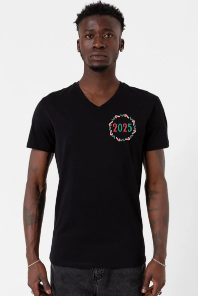 Christmas Holiday Wreath Siyah Erkek V yaka Tshirt